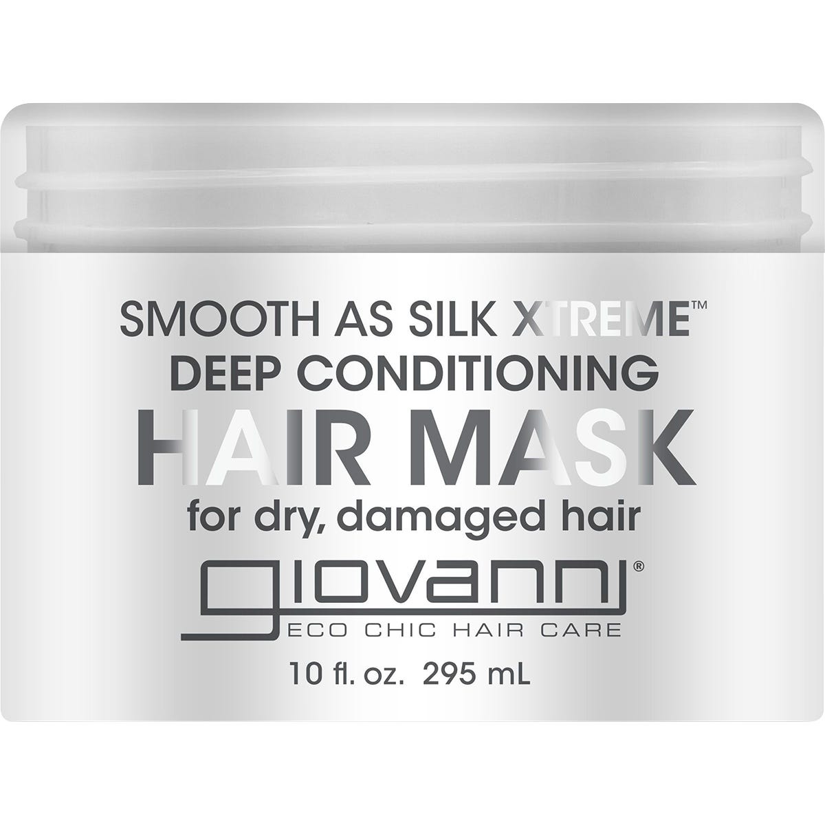 295ml Giovanni Smooth As Silk Xtreme Deep Conditioning Hair Mask in a white tub with leaf illustrations.