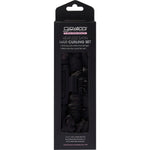 Black satin heatless curling rod with a matching claw clip and two scrunchies on a white background.