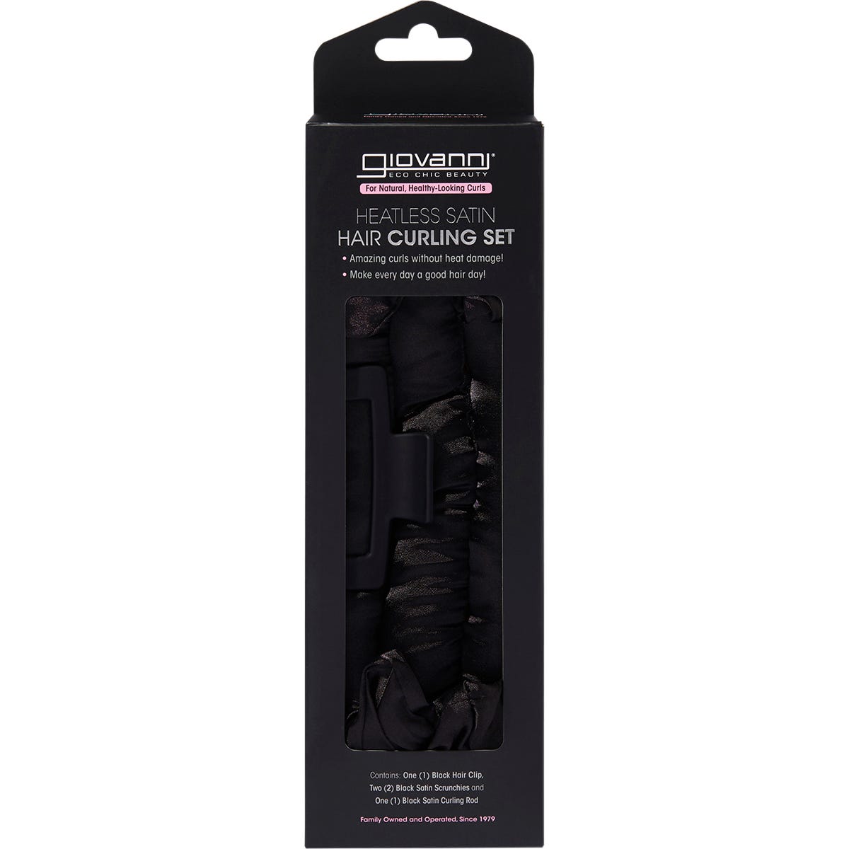 Black satin heatless curling rod with a matching claw clip and two scrunchies on a white background.