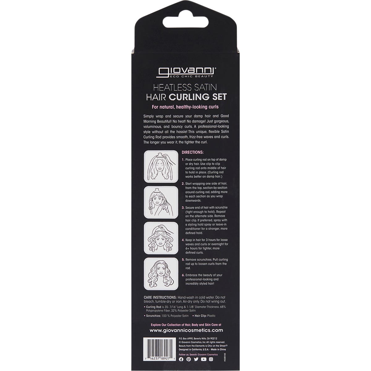 Back of the Giovanni Heatless Satin Hair Curling Set packaging showing product details and usage instructions.