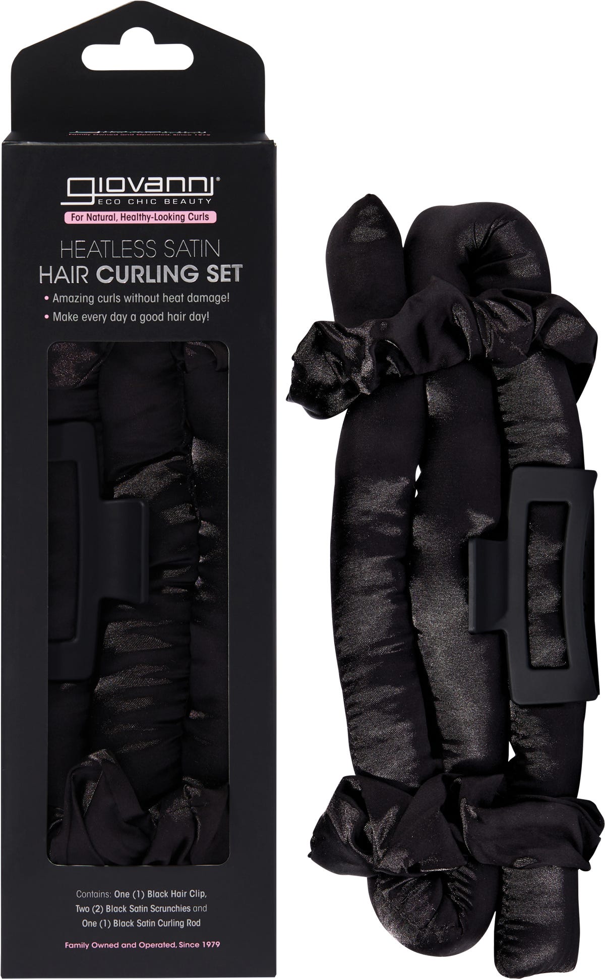 Black heatless hair curling set with a satin rod, two scrunchies, and a claw clip on a white background.