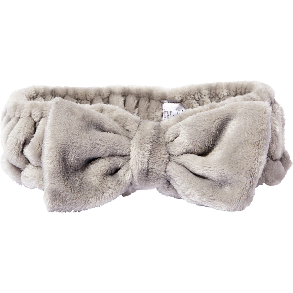 Grey Giovanni multi-purpose spa headband with a plush bow design on a white background.