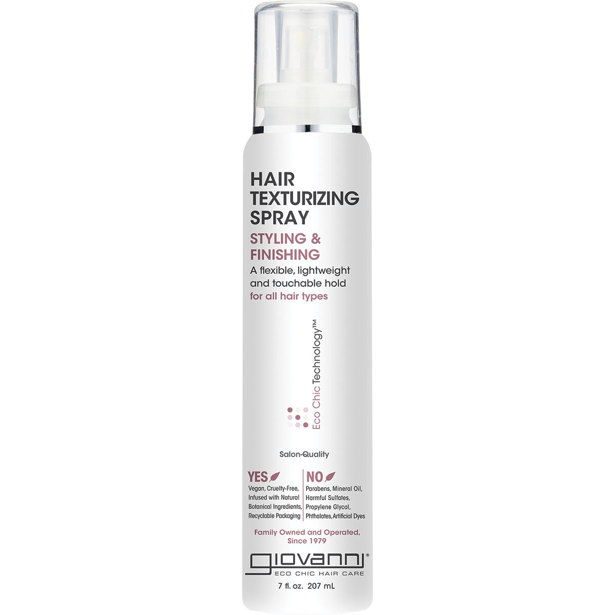 207ml bottle of Giovanni Hair Texturizing Spray for all hair types with a clear cap and botanical label.