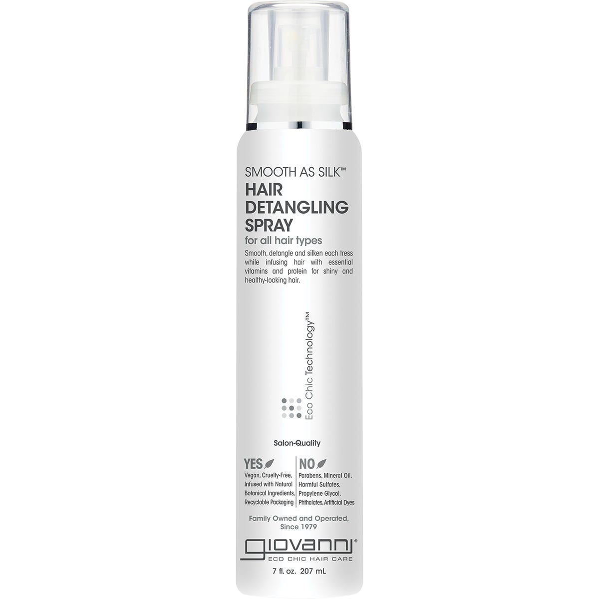 207ml bottle of Giovanni Smooth As Silk Hair Detangling Spray for all hair types.