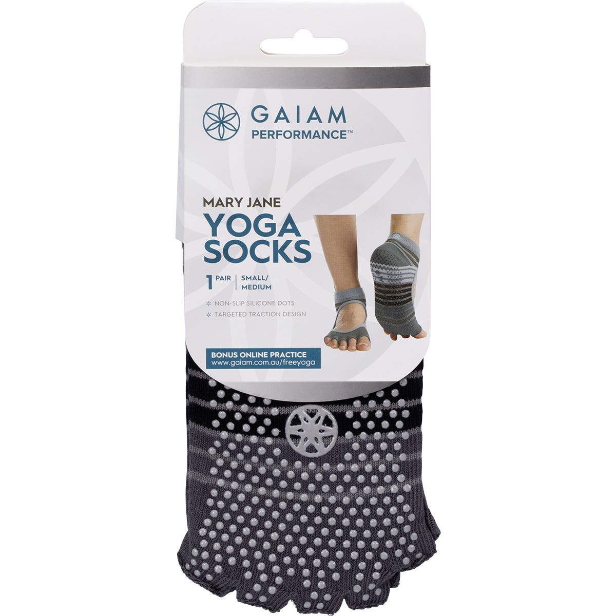 Black Gaiam Mary Jane yoga socks with an open-toe design, secure instep straps, and non-slip silicone grippers on the soles.