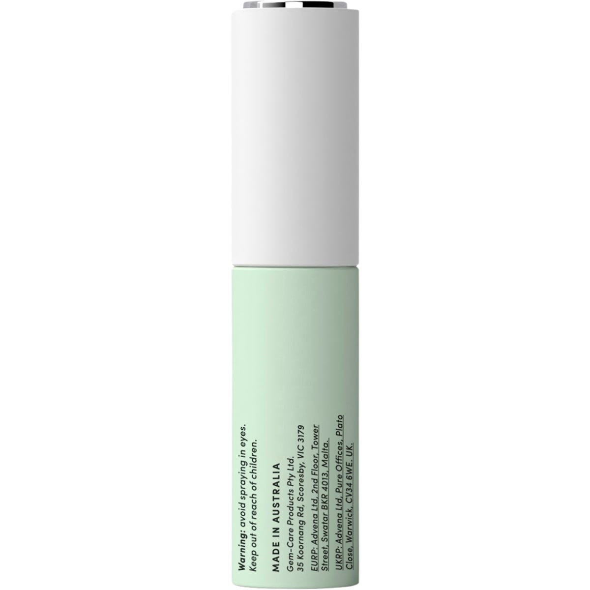 Close-up view of Gem Crisp Mint breath spray showing the spray nozzle and minimalist white and blue label.