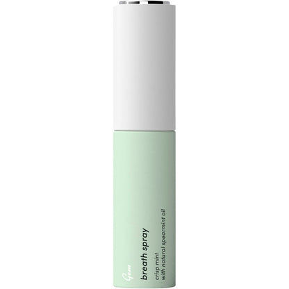 Compact 9ml Gem Crisp Mint breath spray with a white and blue label, shown from a side angle on a white background.