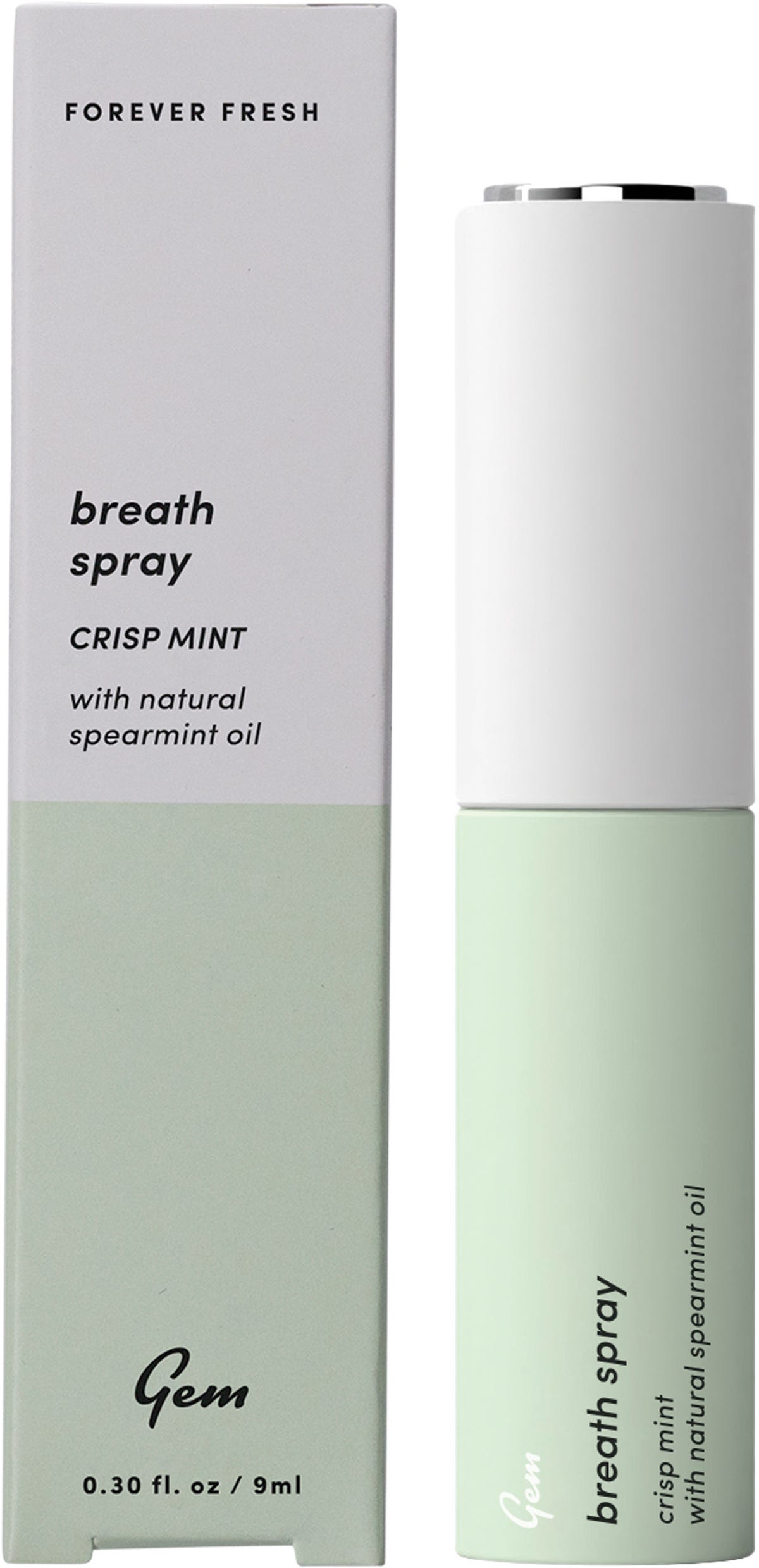 Sleek 9ml Gem Crisp Mint breath spray bottle with a minimalist white and blue label on a plain white background.