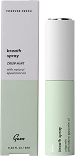 Sleek 9ml Gem Crisp Mint breath spray bottle with a minimalist white and blue label on a plain white background.
