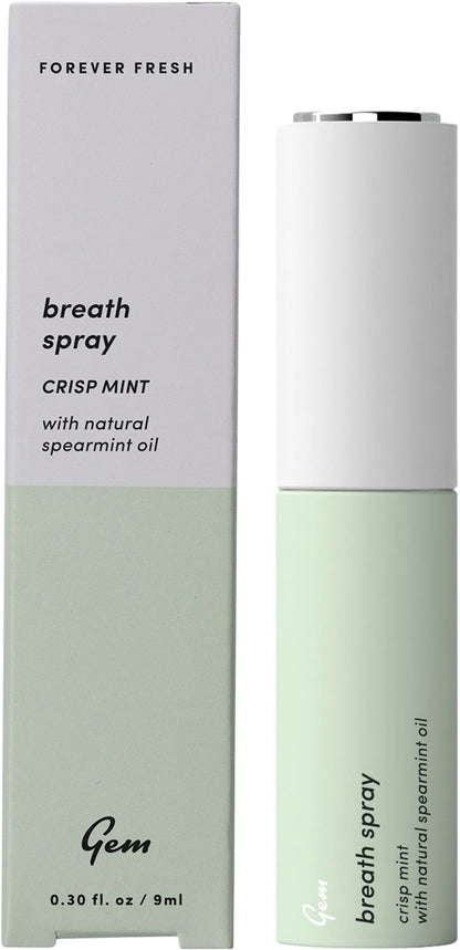 Sleek 9ml Gem Crisp Mint breath spray bottle with a minimalist white and blue label on a plain white background.