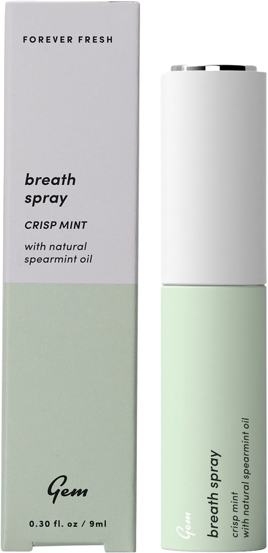 Sleek 9ml Gem Crisp Mint breath spray bottle with a minimalist white and blue label on a plain white background.
