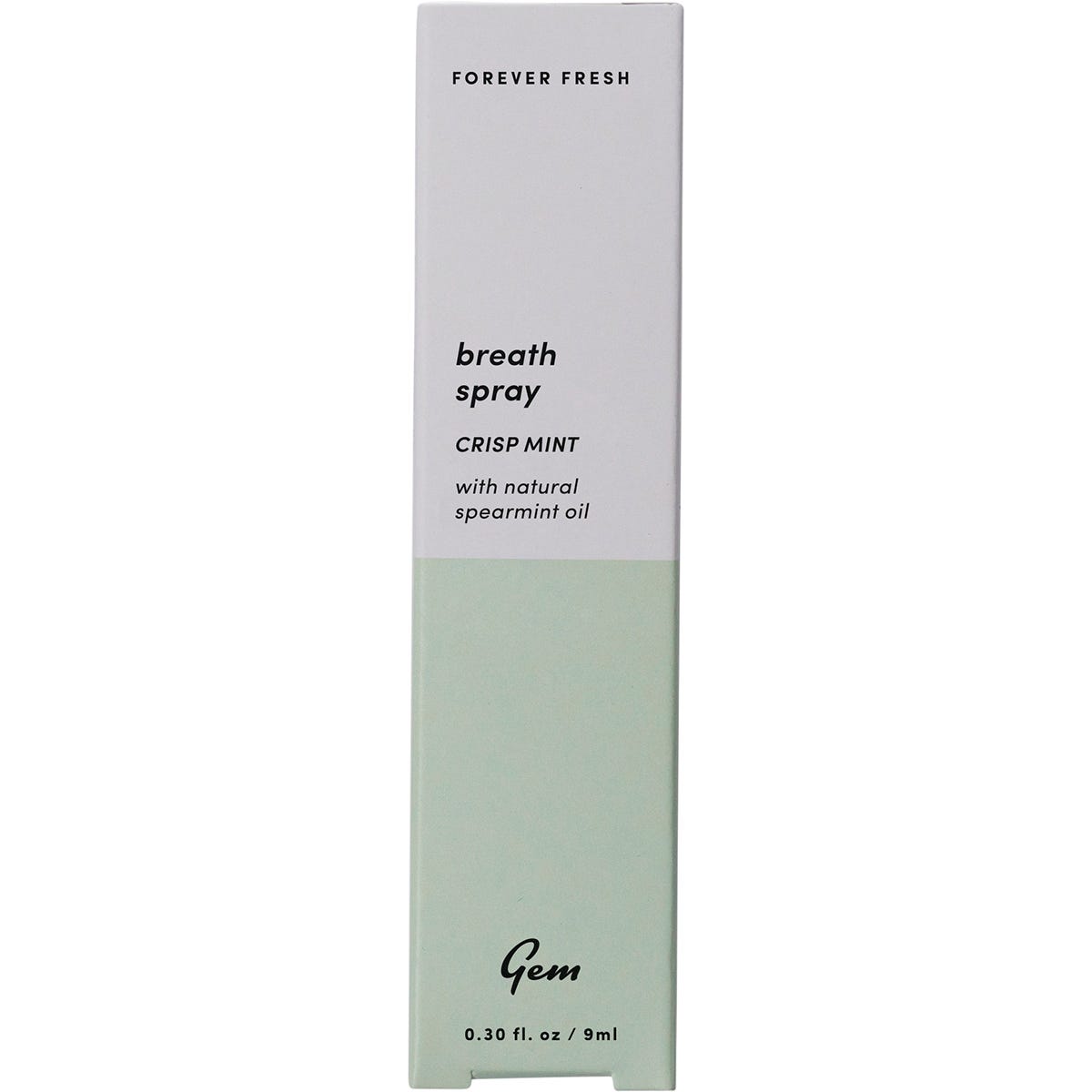 Top-down view of Gem Crisp Mint breath spray showing the spray nozzle and minimalist white and blue label.