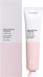 Gem Triple Whitening Coconut Mint toothpaste 100g tube with blue and white minimalist packaging.