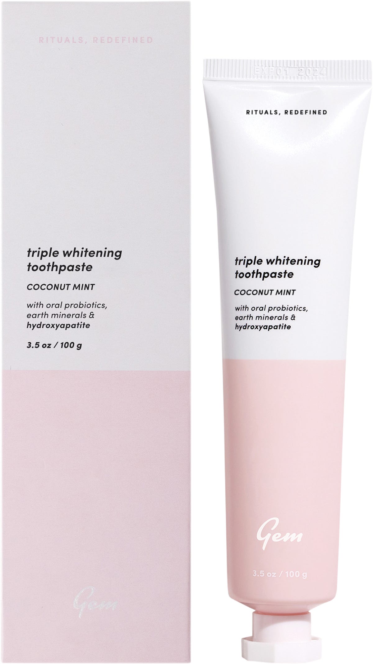 Gem Triple Whitening Coconut Mint toothpaste 100g tube with blue and white minimalist packaging.