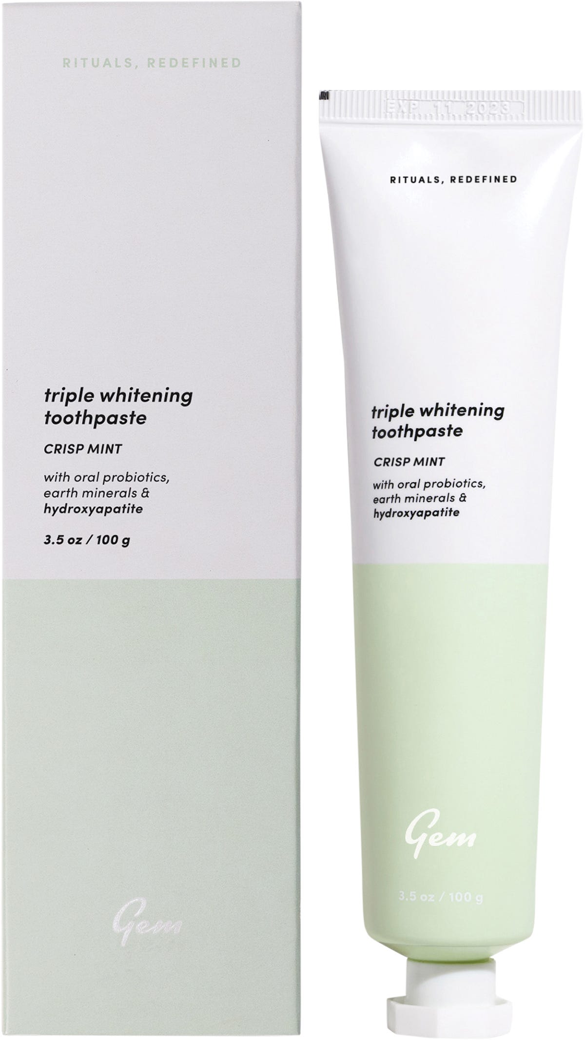 Gem Toothpaste Triple Whitening Crisp Mint 100g tube and box featuring a clean, minimalist blue and white design.