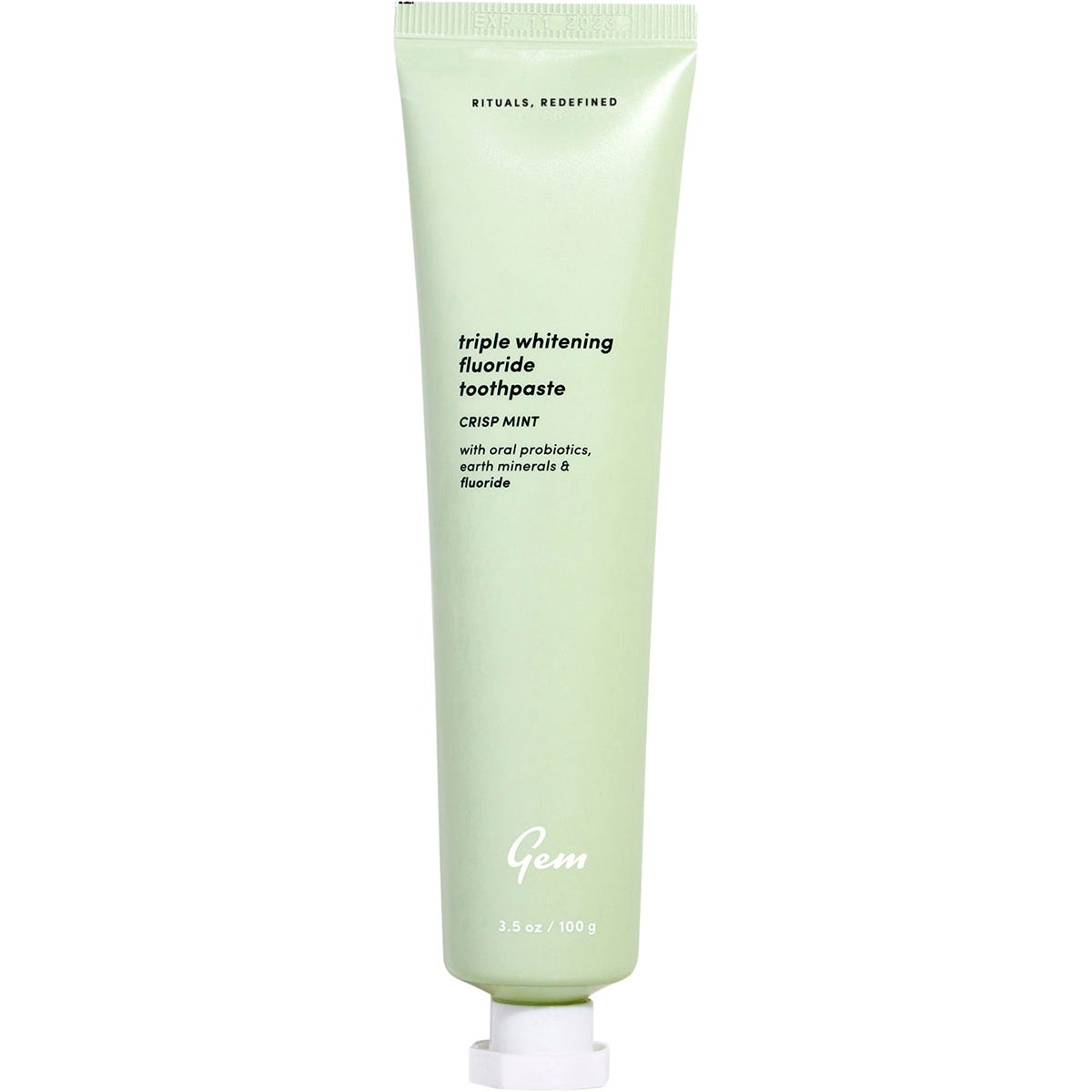 Gem Triple Whitening Fluoride Crisp Mint Toothpaste 100g tube with a minimalist white and blue design.