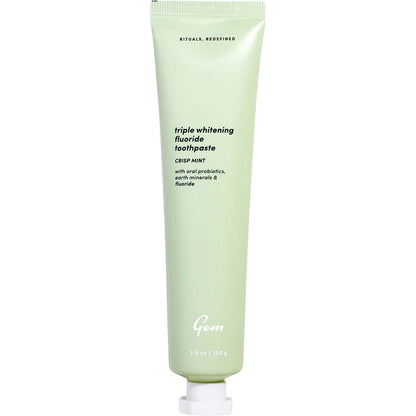 Gem Triple Whitening Fluoride Crisp Mint Toothpaste 100g tube with a minimalist white and blue design.