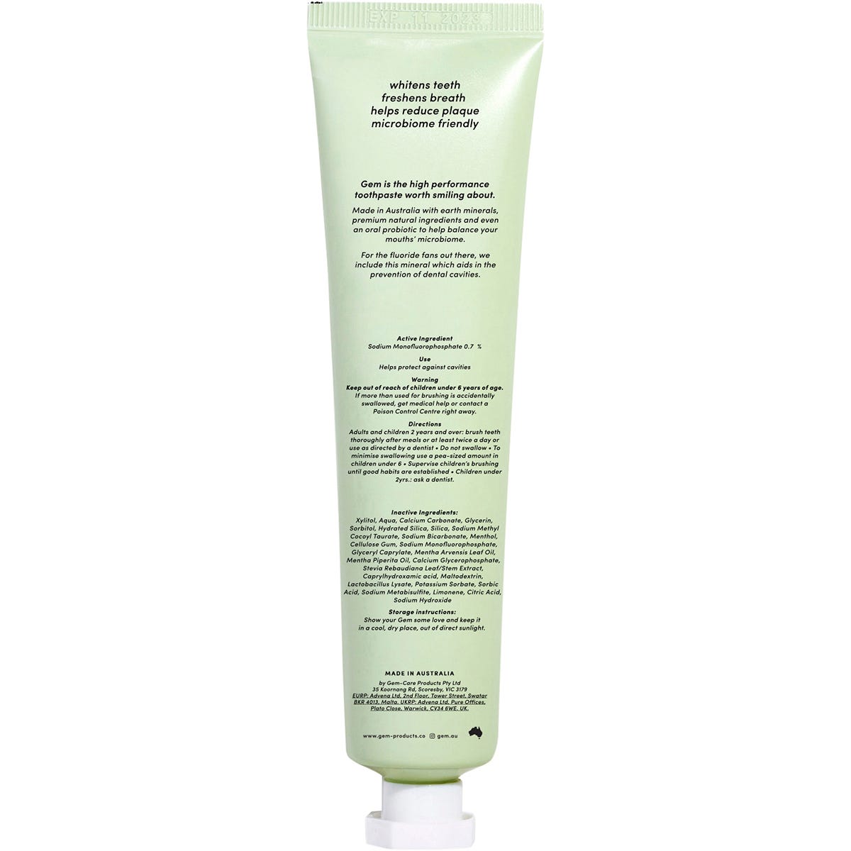 Back of Gem Triple Whitening Crisp Mint Toothpaste 100g tube with ingredients, directions, and Australian-made logo.