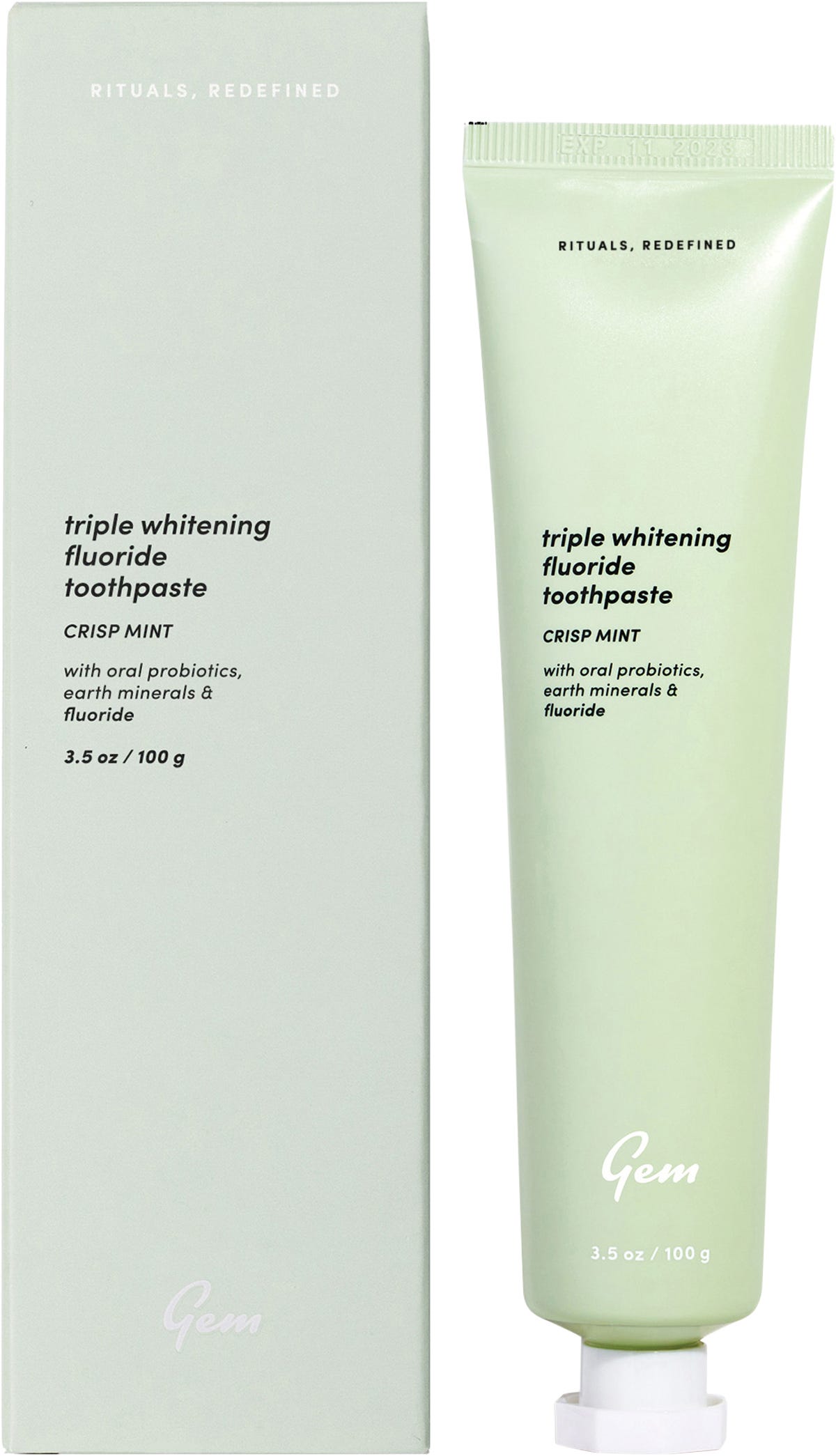 Gem Triple Whitening Fluoride Crisp Mint Toothpaste 100g tube and box featuring a clean, minimalist design.