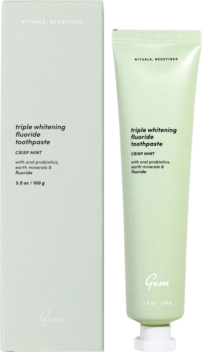 Gem Triple Whitening Fluoride Crisp Mint Toothpaste 100g tube and box featuring a clean, minimalist design.