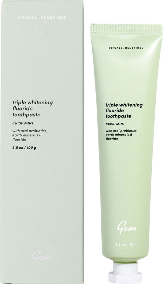 Gem Triple Whitening Fluoride Crisp Mint Toothpaste 100g tube and box featuring a clean, minimalist design.