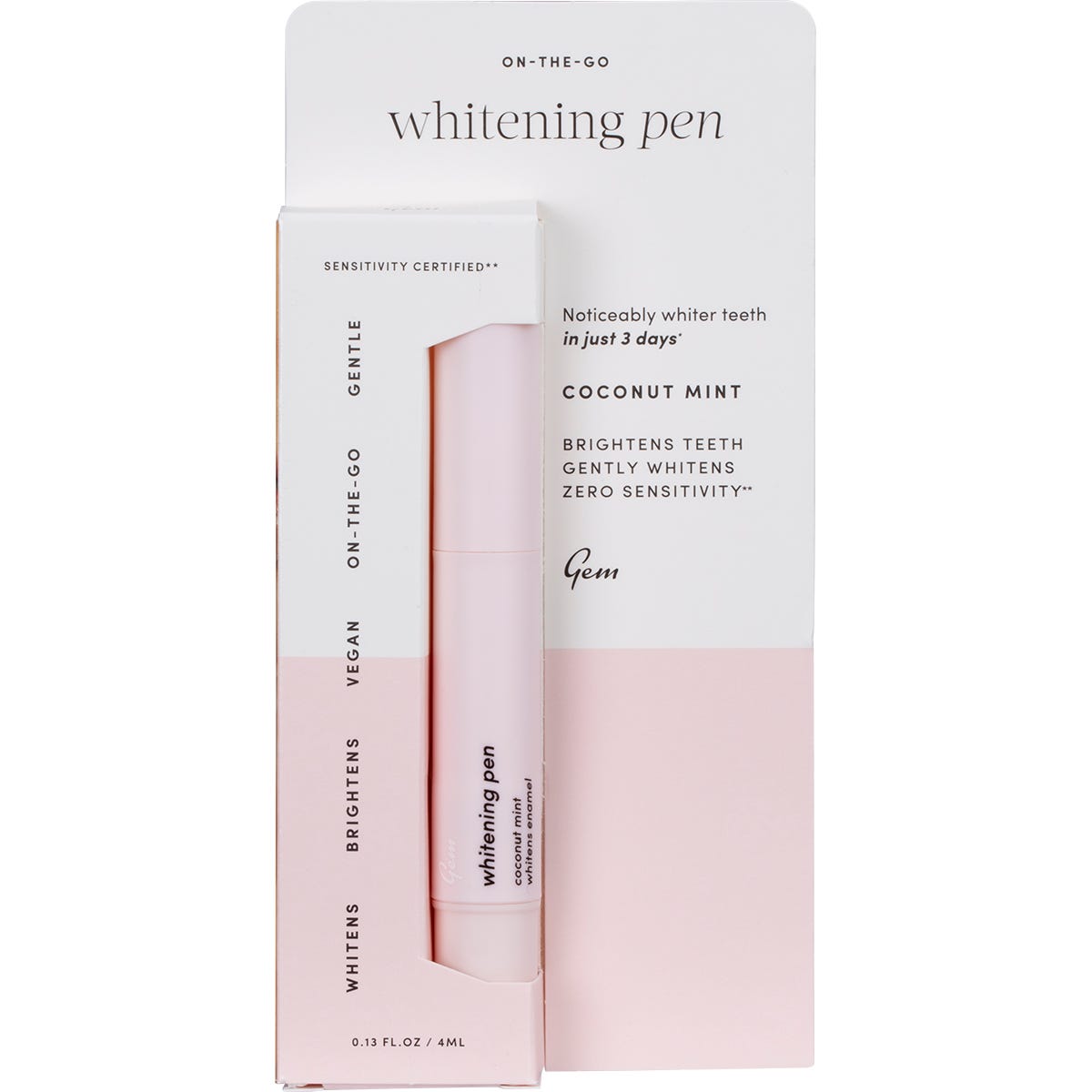 Gem Whitening Pen Coconut Mint 6ml, a portable teeth whitening tool with a precise brush applicator tip.
