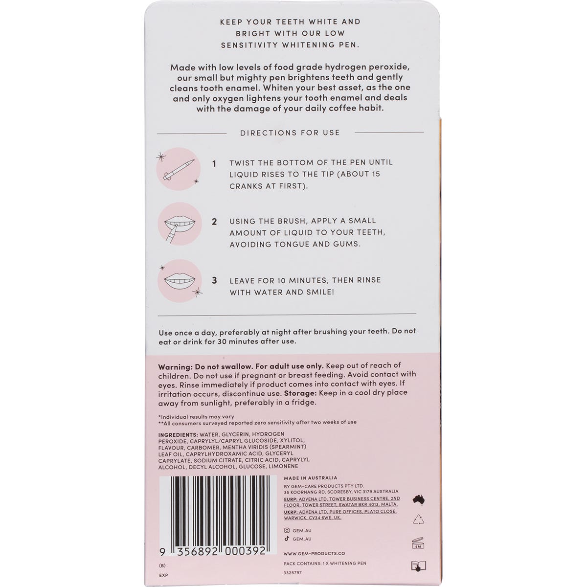 Gem Whitening Pen Coconut Mint 6ml in its sleek white packaging against a clean white background.