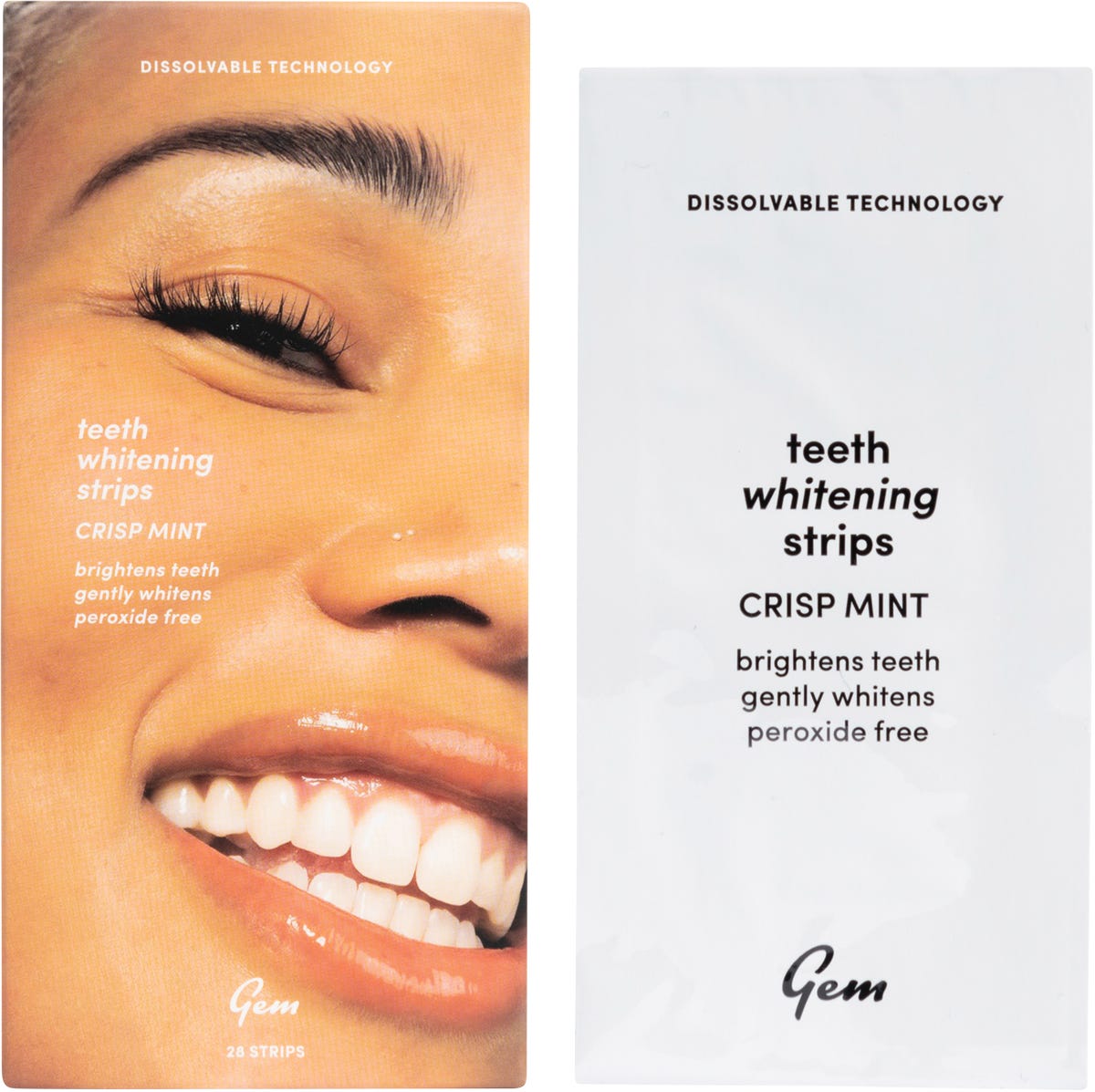 Gem Whitening Strips Crisp Mint 28-pack box and individual sachet featuring dissolvable technology.