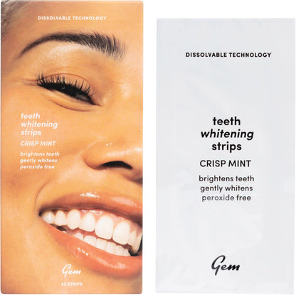 Gem Whitening Strips Crisp Mint 28-pack box and individual sachet featuring dissolvable technology.
