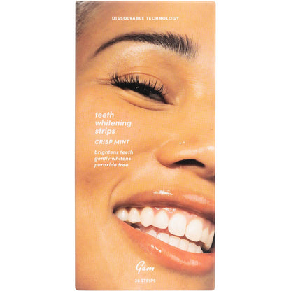 Gem Whitening Strips box with a single sachet showing ingredients and usage for dissolvable teeth whitening.
