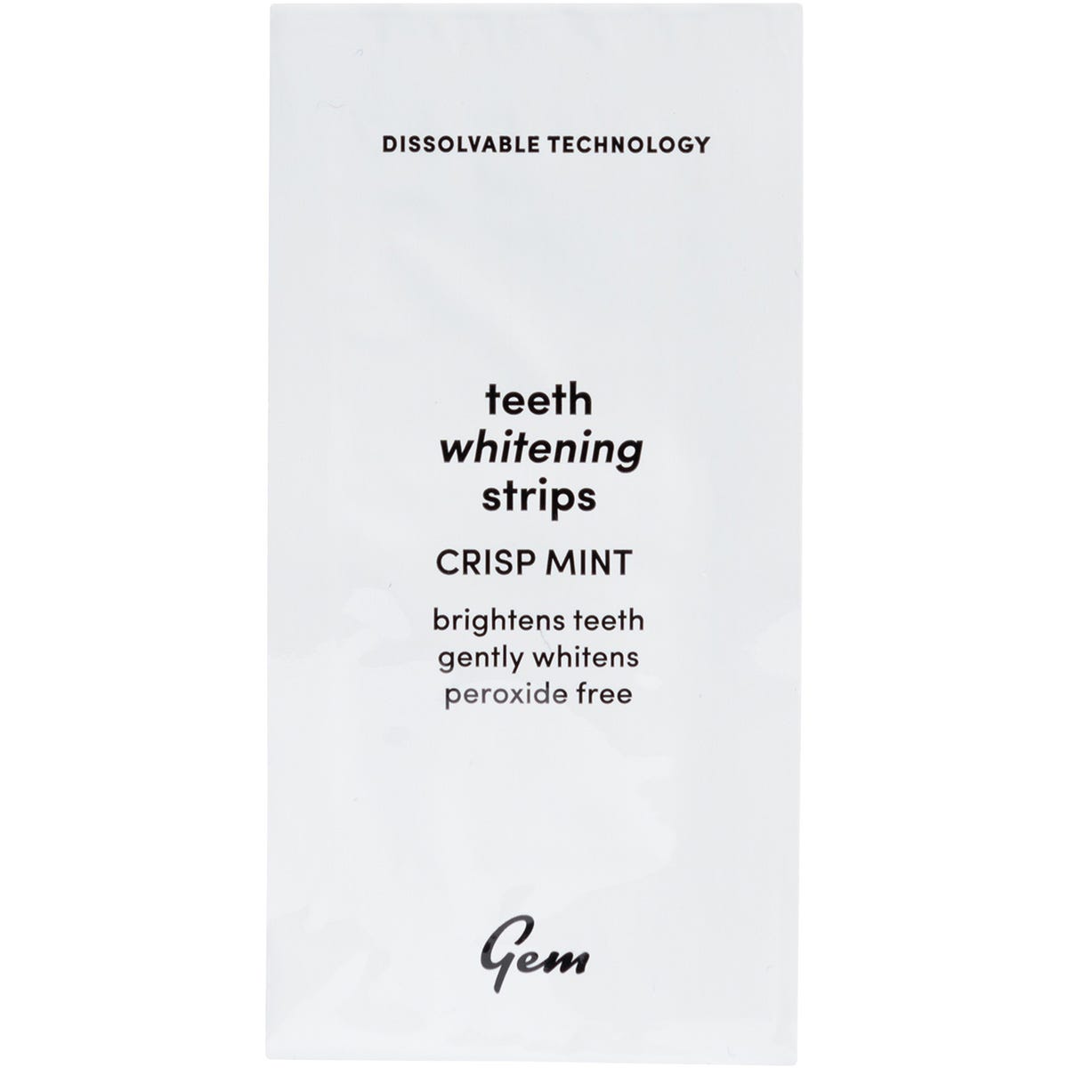 Gem Whitening Strips Crisp Mint 28-pack box with a single sachet on a white background.