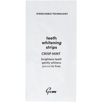 Gem Whitening Strips Crisp Mint 28-pack box with a single sachet on a white background.