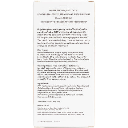 Back of Gem Whitening Strips Crisp Mint 28-pack box showing product information, directions, and ingredient list.