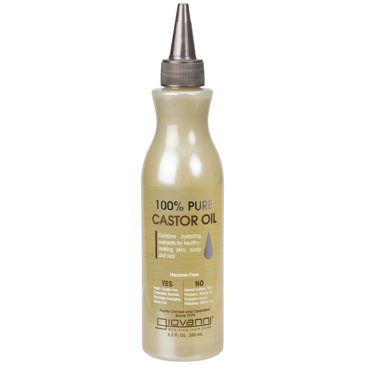Giovanni 100% Pure Castor Oil 250ml bottle with a purple and white label, featuring Eco Chic hair care branding.
