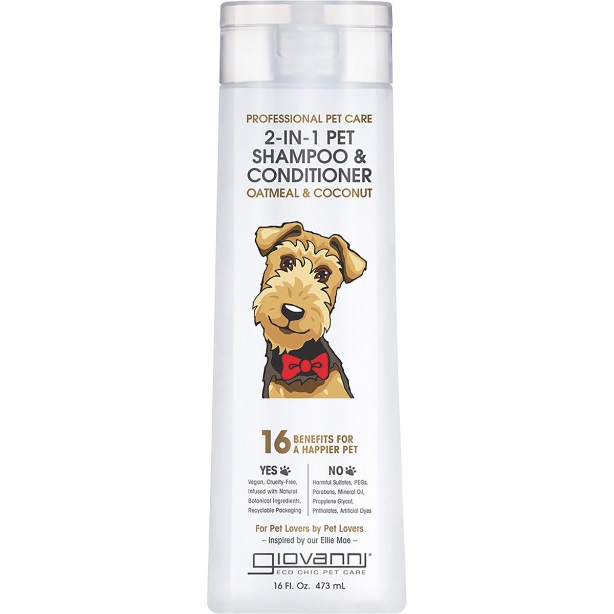 473ml bottle of Giovanni 2-in-1 Pet Shampoo and Conditioner with oatmeal and coconut on a white background.