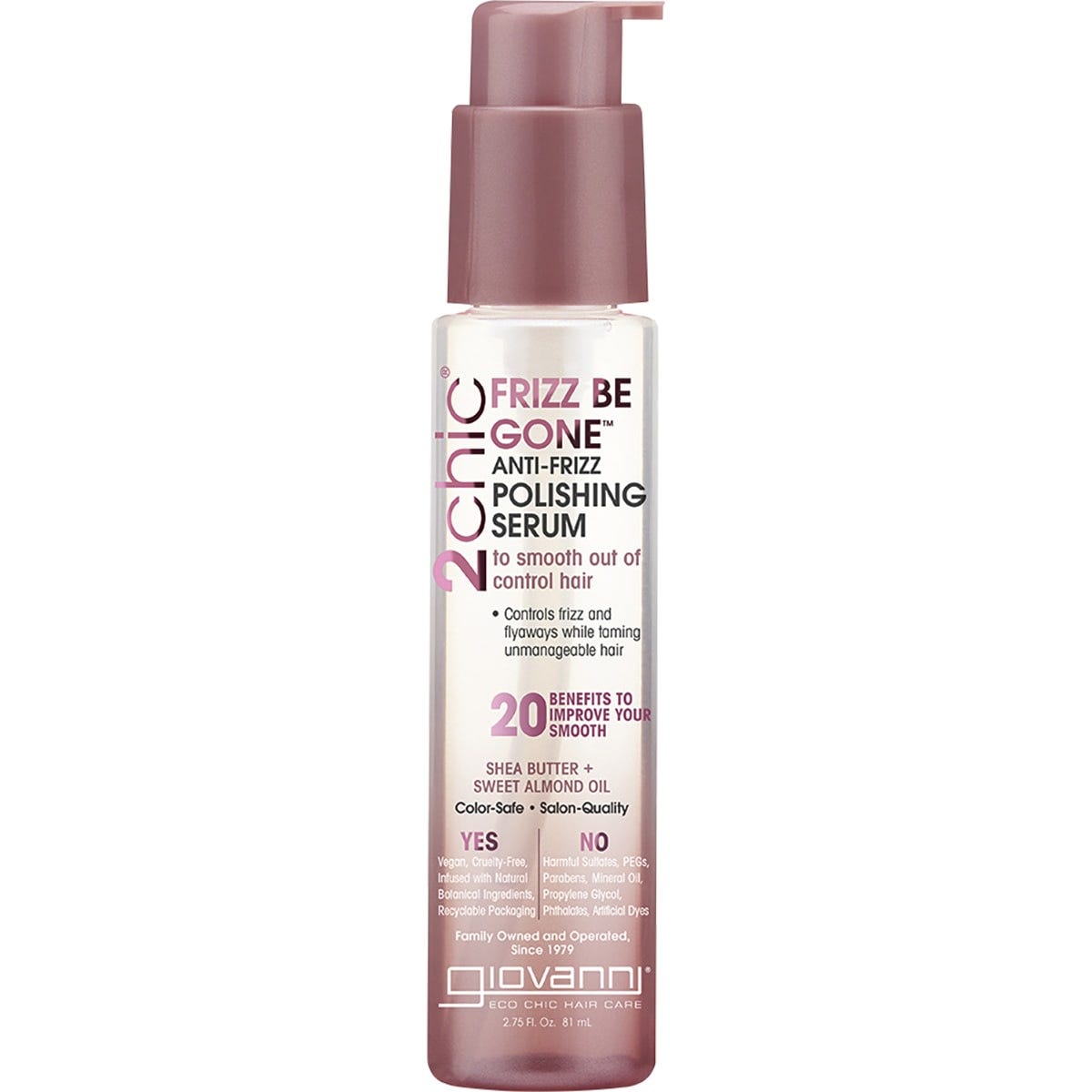 Giovanni 2chic Anti-Frizz Polishing Serum 81ml bottle with shea butter and sweet almond oil for frizzy hair.