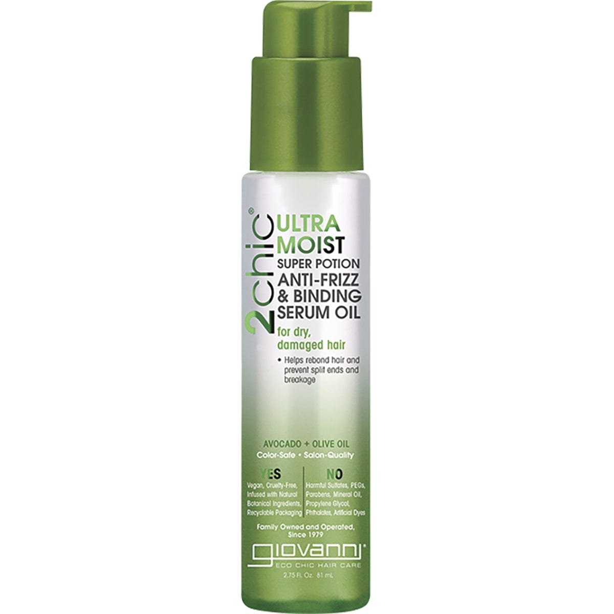 Giovanni 2chic 81ml Avocado and Olive Oil Ultra-Moist Anti-Frizz Serum bottle for dry, damaged hair on a white background.