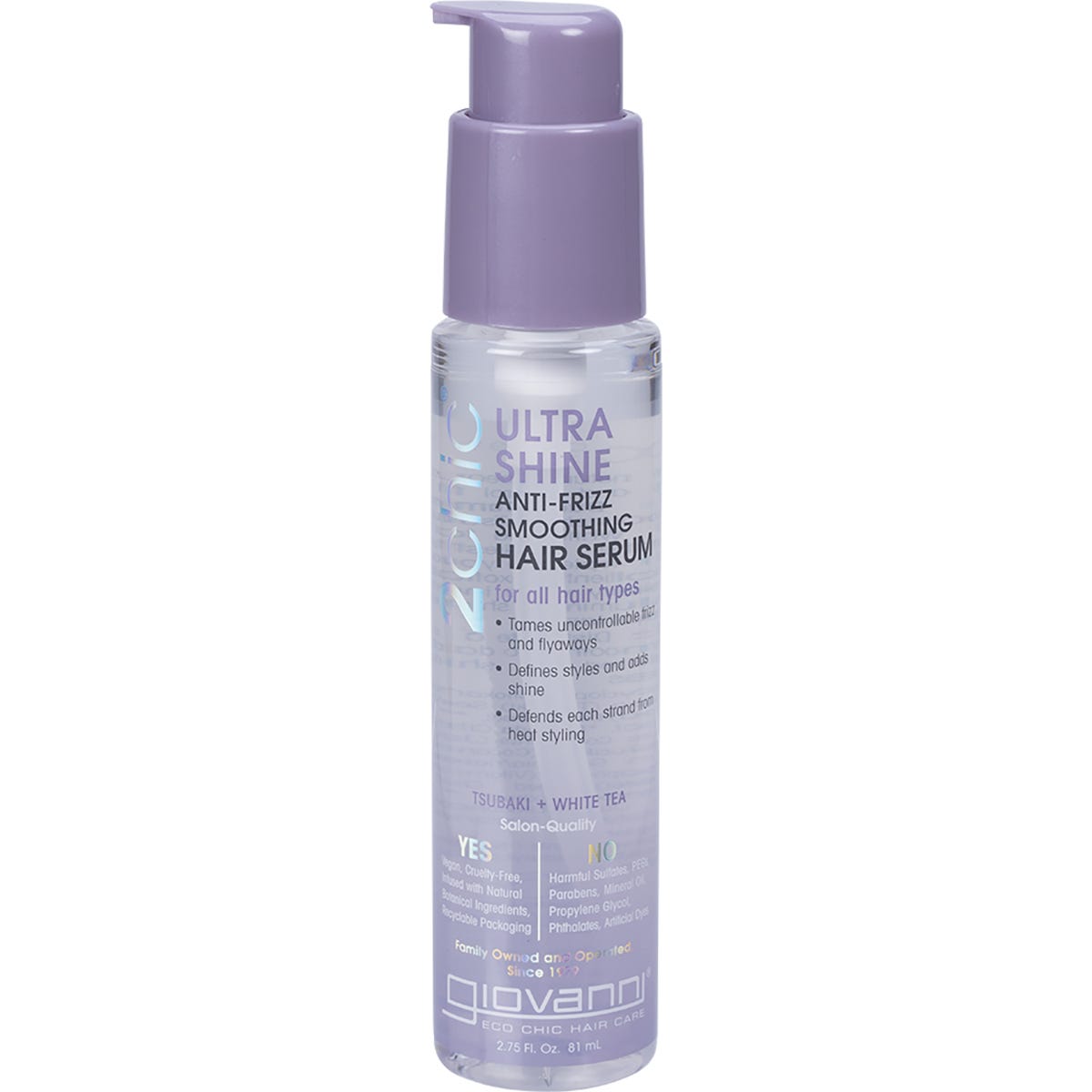 81ml bottle of Giovanni Anti-Frizz Smoothing Hair Serum with a purple label and pump dispenser.