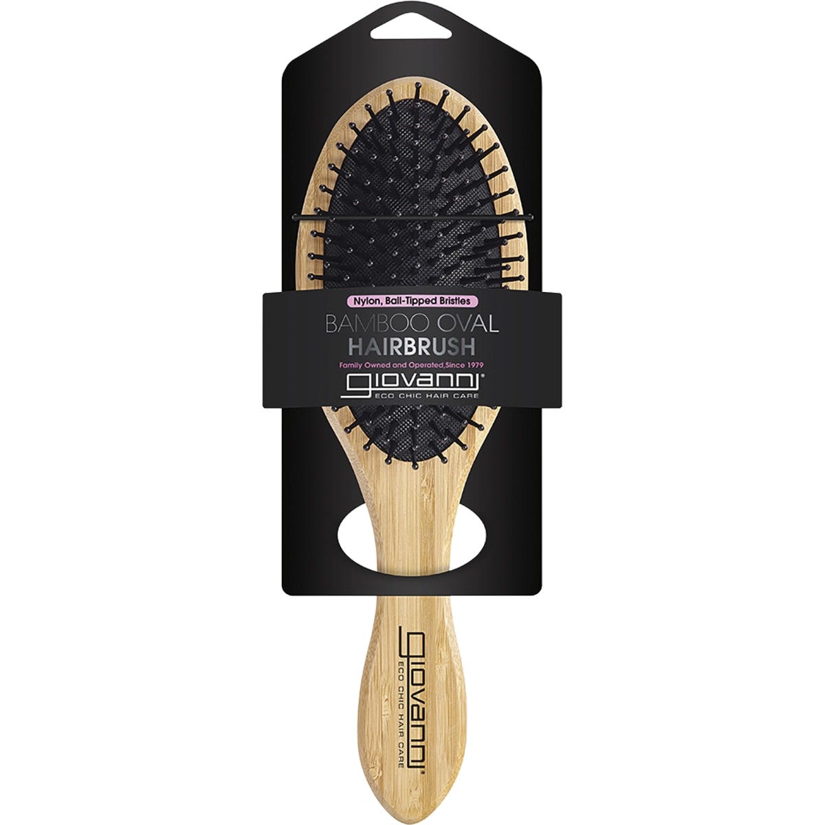 Giovanni oval hair brush with a natural bamboo handle and black nylon ball-tipped bristles on a white background.