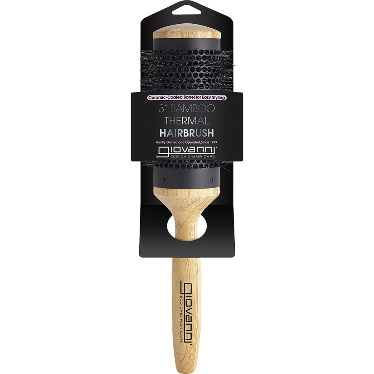 Giovanni thermal round hair brush with a bamboo handle and a white ceramic-coated vented barrel for heat styling.