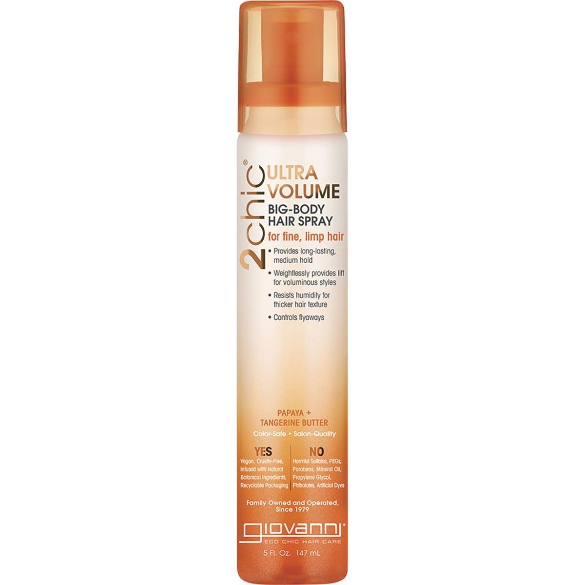 Giovanni 2chic Ultra-Volume Big Body Hair Spray 147ml bottle with tangerine and papaya for fine, limp hair.
