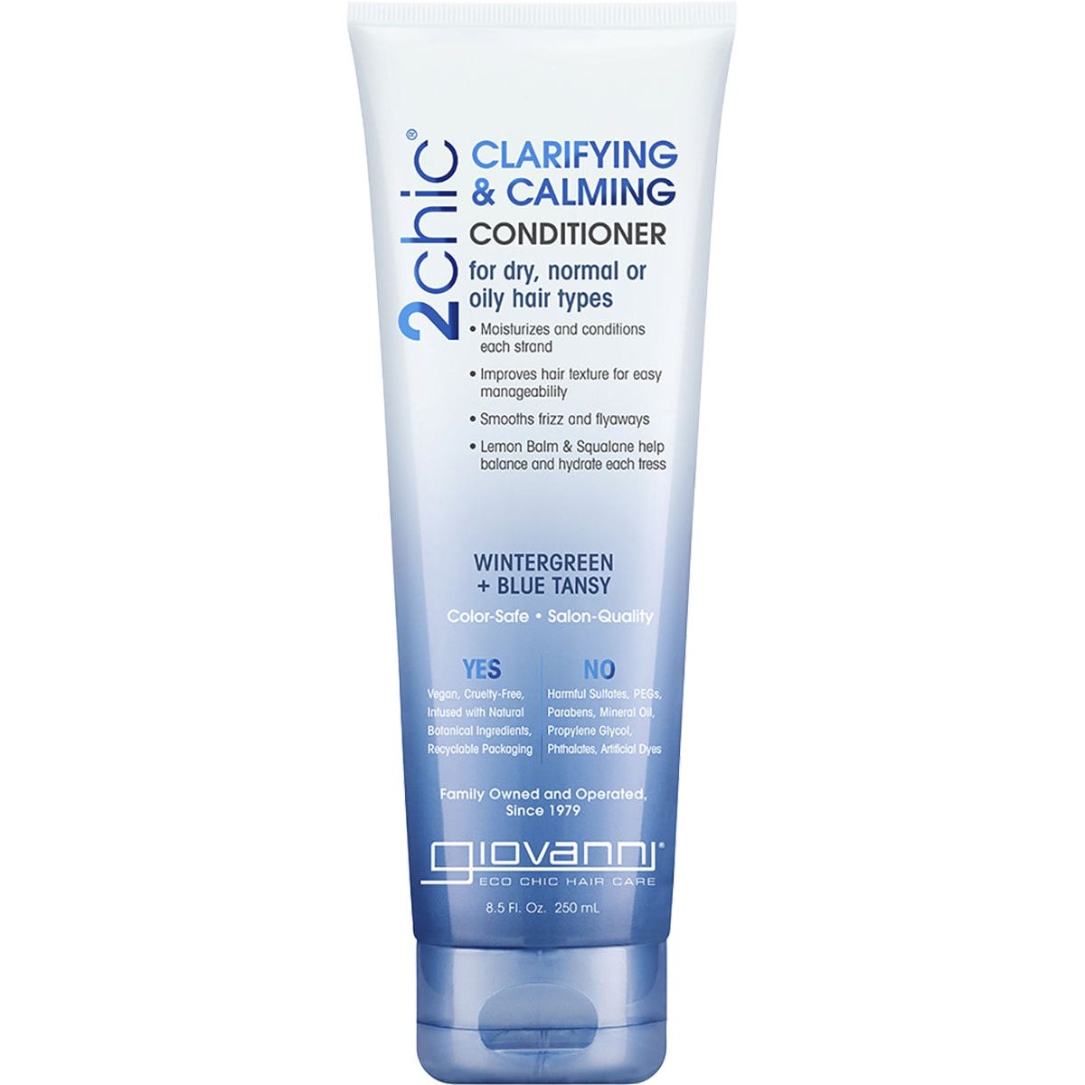 250ml bottle of Giovanni 2chic Clarifying & Calming Conditioner with Wintergreen and Blue Tansy on a white background.