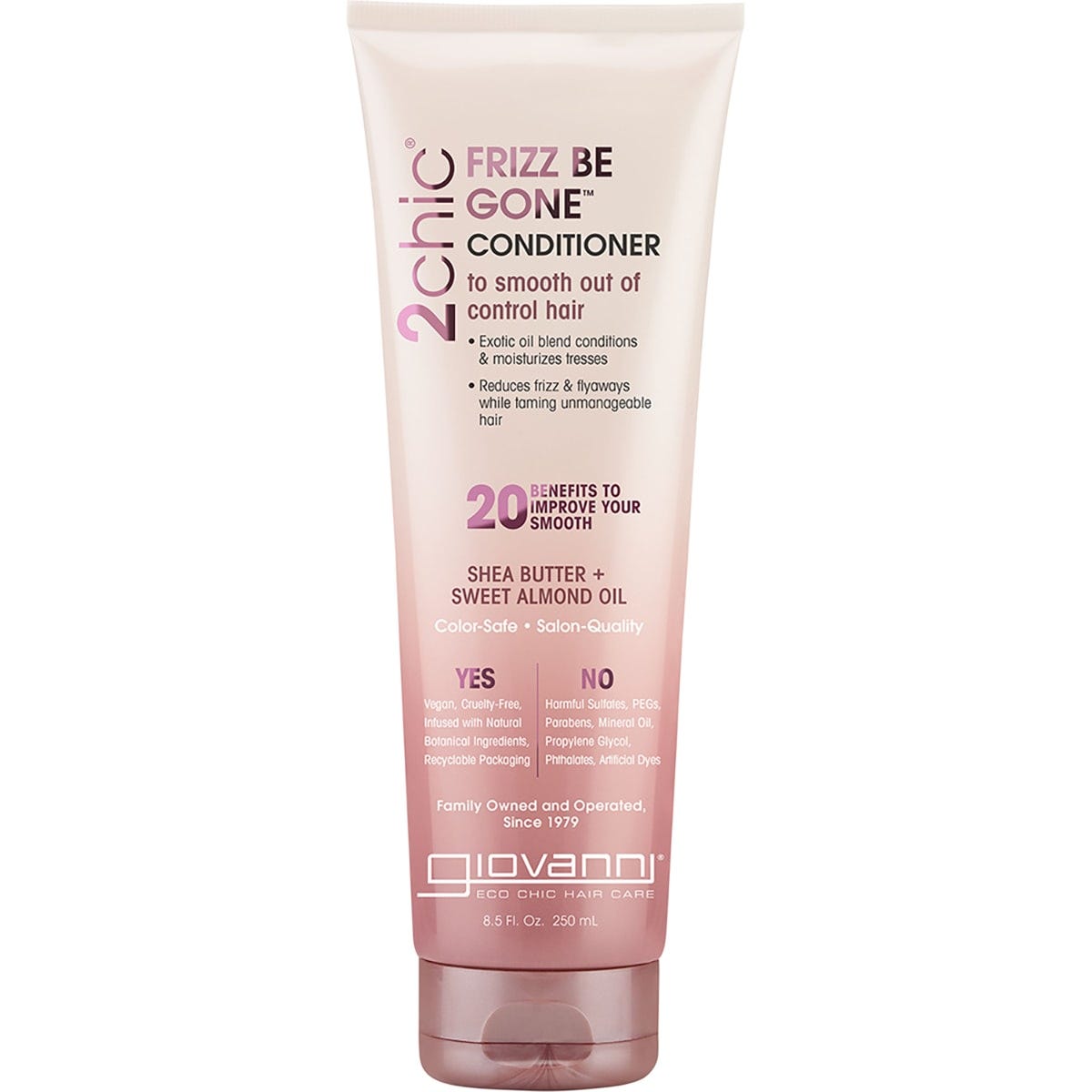 250ml bottle of Giovanni 2chic Frizz Be Gone Conditioner with Shea Butter and Sweet Almond Oil for frizzy hair.