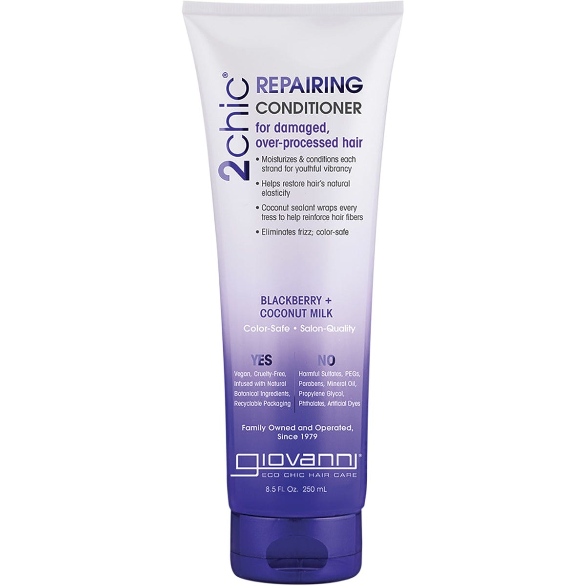 Giovanni 2chic Repairing Conditioner 250ml for damaged hair featuring blackberry and coconut milk on a white background.