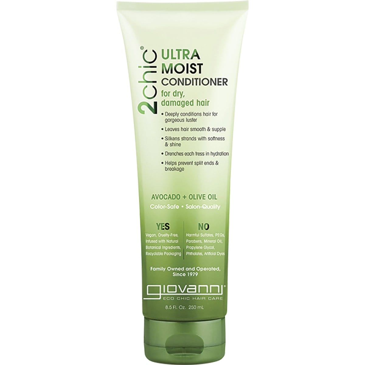 250ml bottle of Giovanni 2chic Ultra-Moist Conditioner with Avocado and Olive Oil for dry, damaged hair.