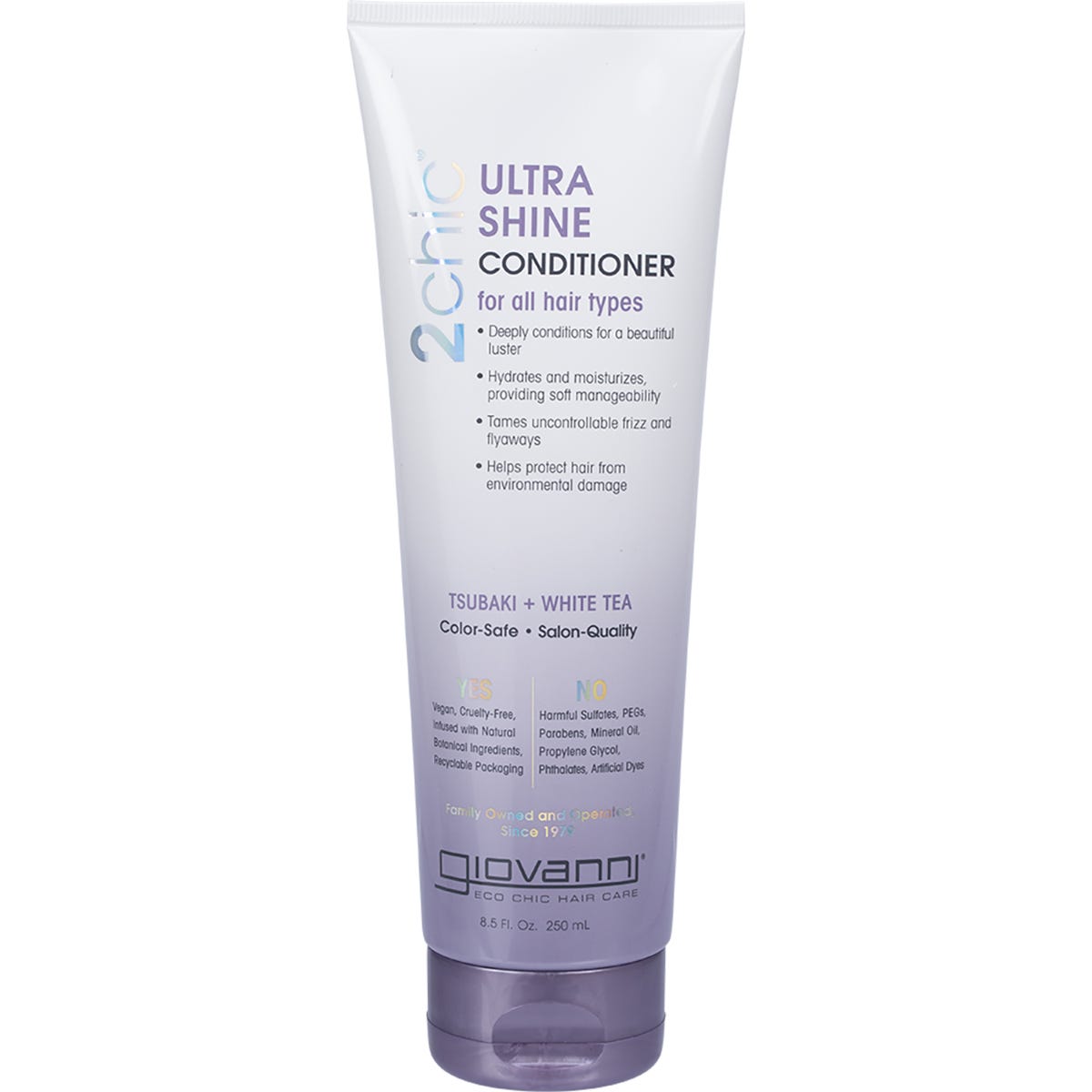 Giovanni 2chic Ultra-Shine Conditioner 250ml white tube with a black cap, featuring tsubaki and white tea illustrations.