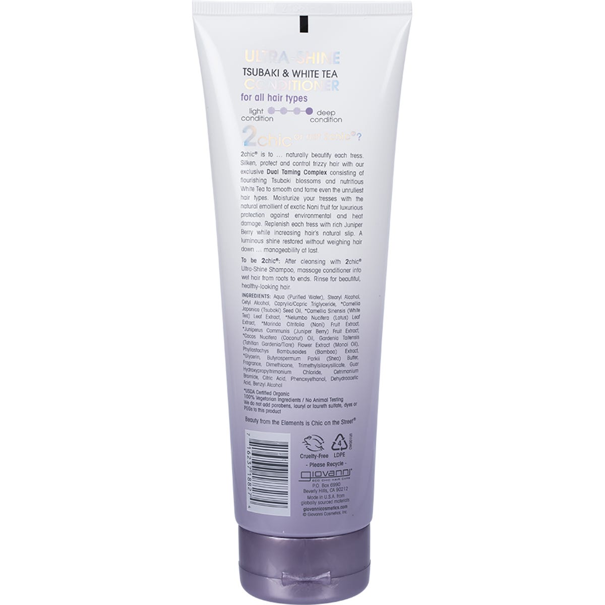 White 250ml tube of Giovanni 2chic Ultra-Shine Conditioner featuring tsubaki and white tea with a black cap.