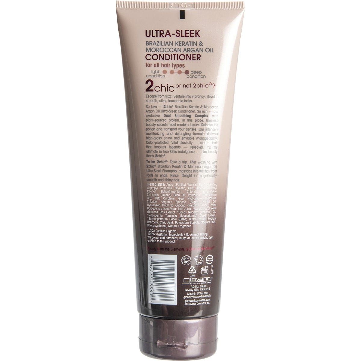 Giovanni 2chic Ultra-Sleek Conditioner 250ml in a green squeeze bottle with argan oil and keratin.