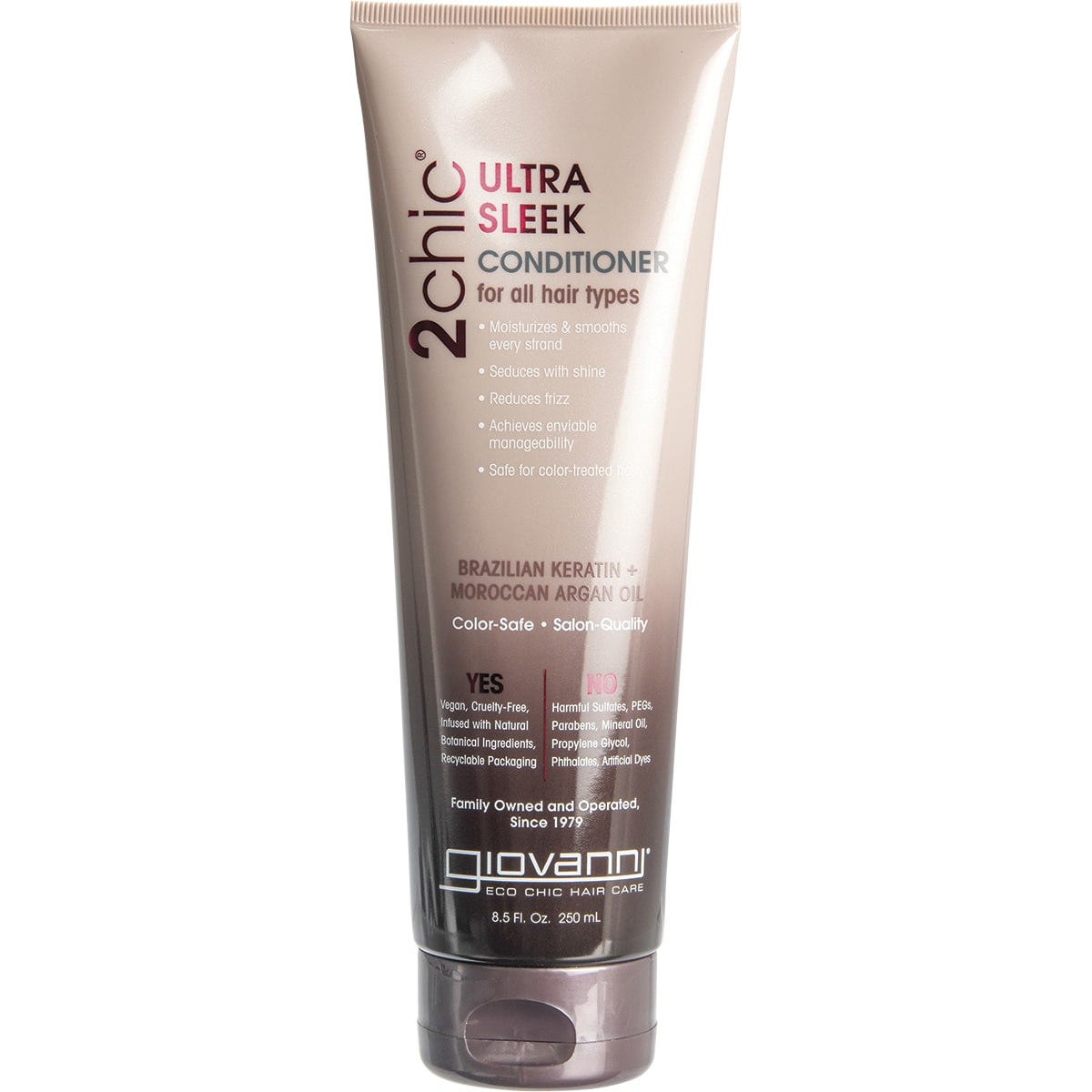 Giovanni 2chic Ultra-Sleek Conditioner 250ml with Brazilian Keratin and Argan Oil in a green squeeze bottle.