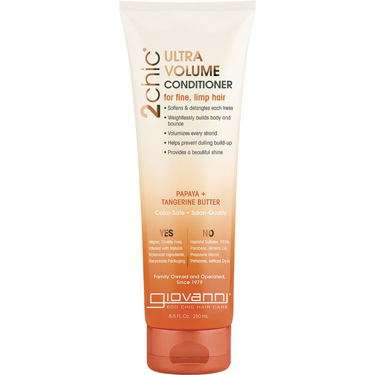 Giovanni 2chic Ultra Volume Conditioner for fine hair, 250ml bottle with tangerine and papaya butter.